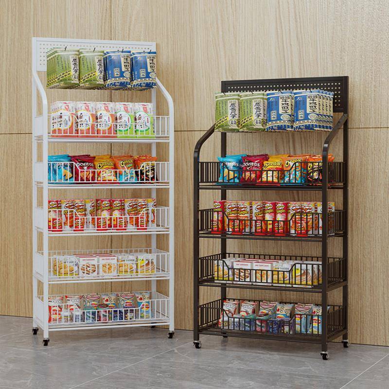 可移动黑色五层食品展示架 河南制金属零食货架 多功能可折叠陈列