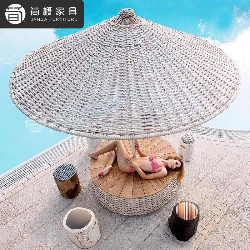 休闲别墅泳池遮阳伞花园庭院藤编太阳伞酒店度假商用网红伞带茶几