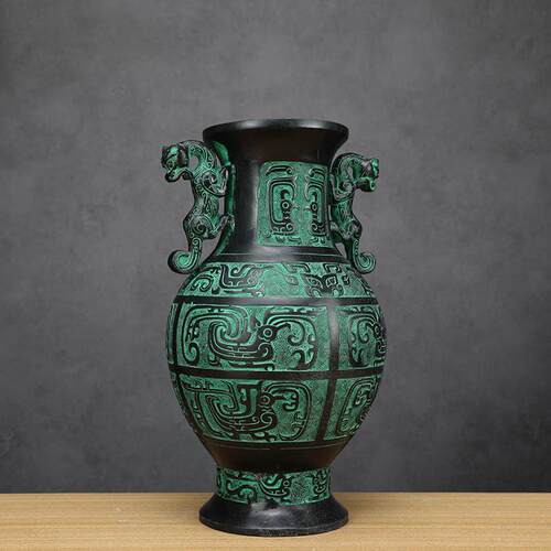 双虎瓶青铜器鼎花瓶道具家居仿古摆件商务送礼仿古工艺品