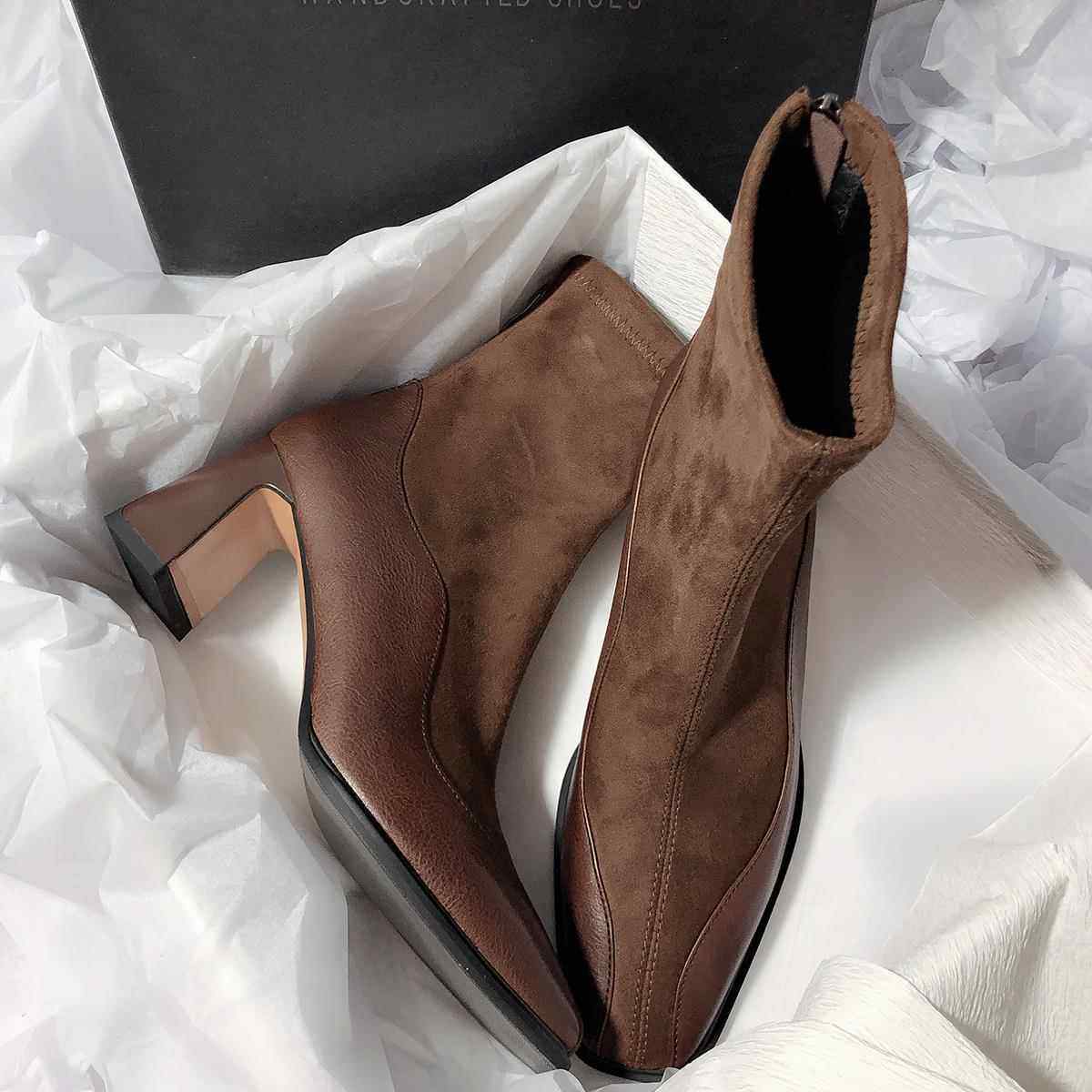 春秋法式粗跟方头拼接弹力瘦瘦靴高跟短靴女显瘦包腿时装靴0121ud,女鞋,时装靴,淘宝优惠券,粉丝福利购,淘宝优惠卷