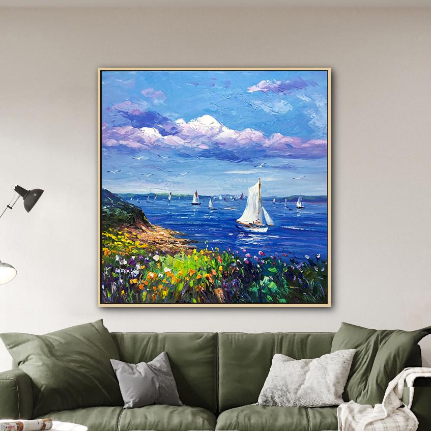 手绘油画挂画客厅大海风景画现代简约海景抽象装饰画纯手工成品画