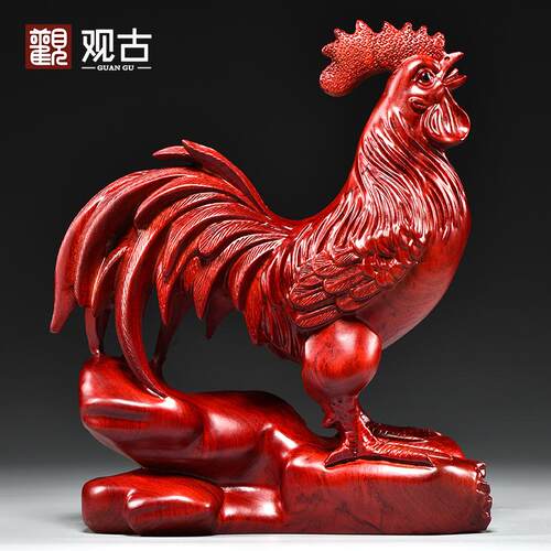 红花梨木雕鸡摆件三合十二生肖木鸡家居客厅办公装饰开业乔迁送礼