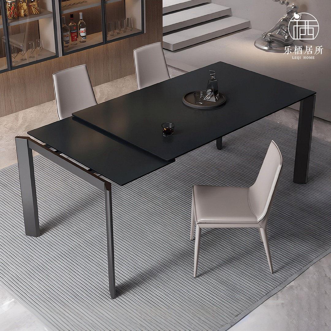 纯黑新型可折叠伸缩岩板餐桌家用小户型铝合金长方形吃饭桌子靠墙