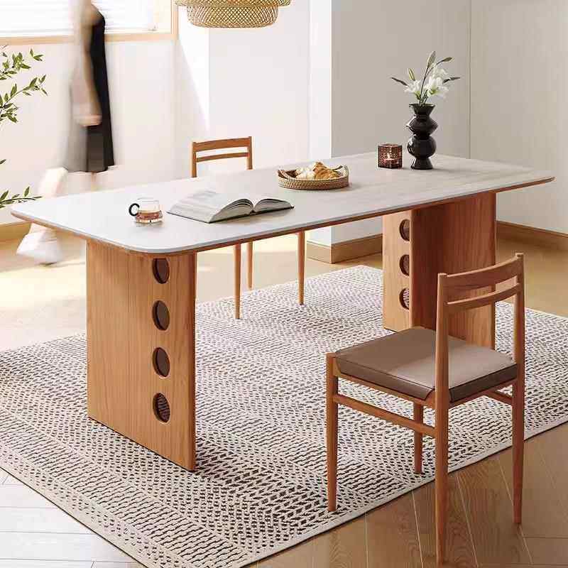 中古风洞石岩板餐桌实木简约家用小户型设计师法式复古原木风饭桌