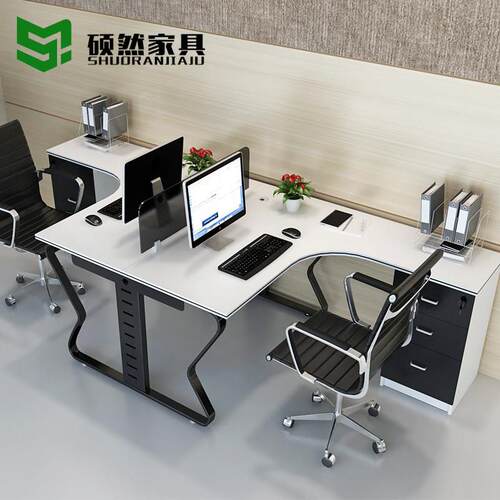 l型双人位职员办公桌椅组合简约现代白色2人位员工位桌财务办公桌