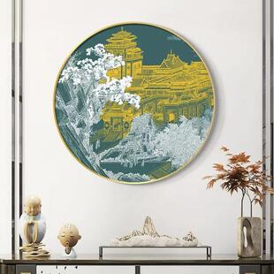 新中式 饰画山水过道走廊尽头挂画轻奢抽象秀丽山川壁画 圆形玄关装
