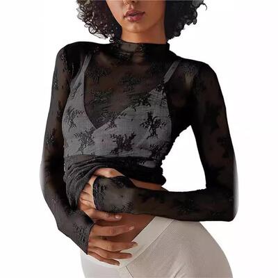 Elegant Floral Lace Long Sleeve T-Shirt for Women Stretch