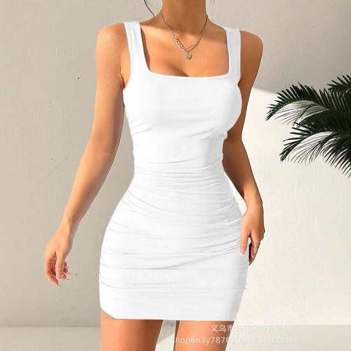 Womens Summer Bodycon Mini Dress Scoop Neck Ruched For
