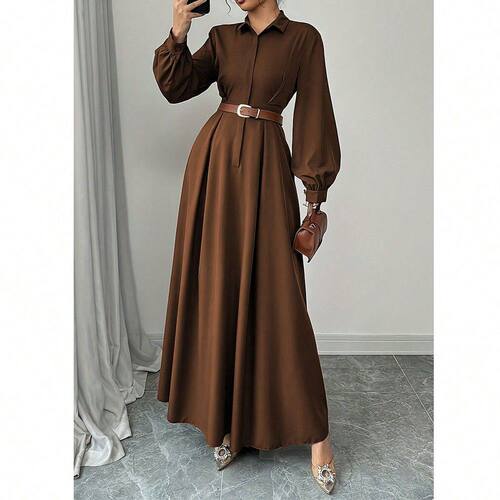 Fall Winter Casual Wear Lapel Long Sleeve Belted Maxi Dress