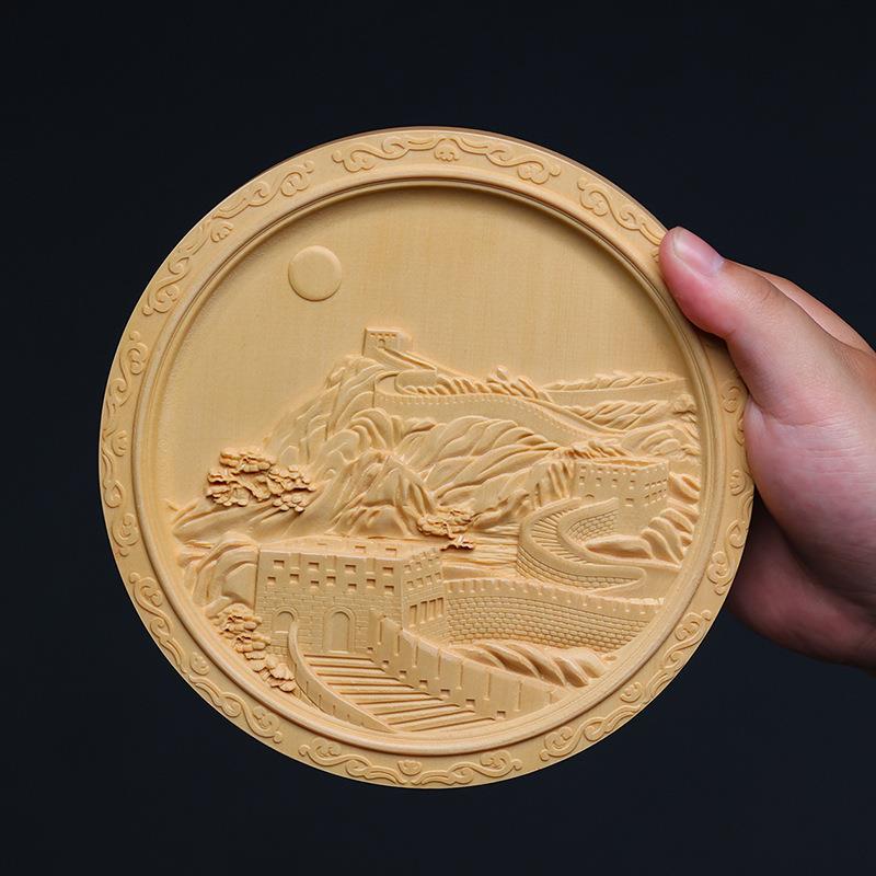 加拿大桧木木雕创意摆件万里长城观赏盘家居玄关浮雕饰品客厅摆件