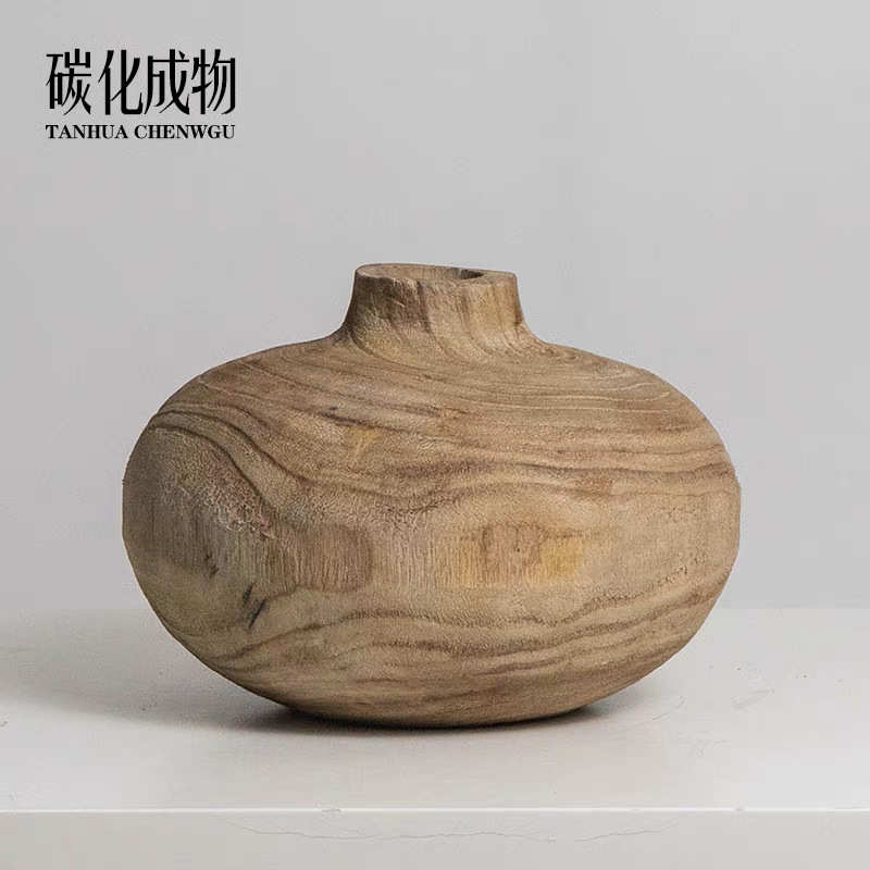 木制圆形泡桐木花插 手工做旧民宿客厅花瓶 木质侘寂风摆件批发