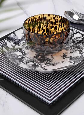 现代中古风样板间氛围感餐具 设计师丛林豹纹西餐盘 方形水晶平盘