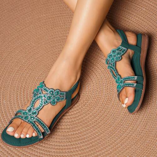 Ladies' Floral Rhinestone Flat Sandals  Bohemian Style