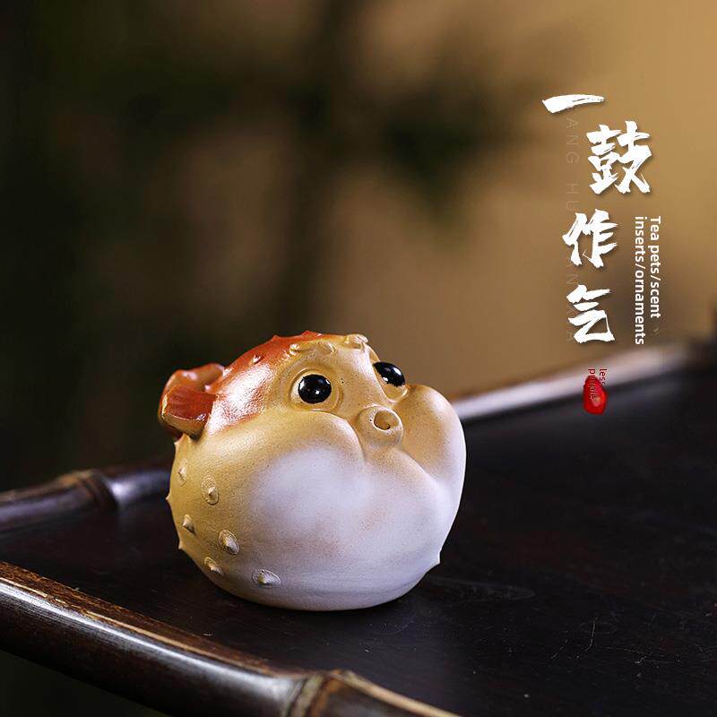 紫泥茶宠物饰品可以用来养茶几,茶几饰品,可爱的鱼茶玩香插,鼓
