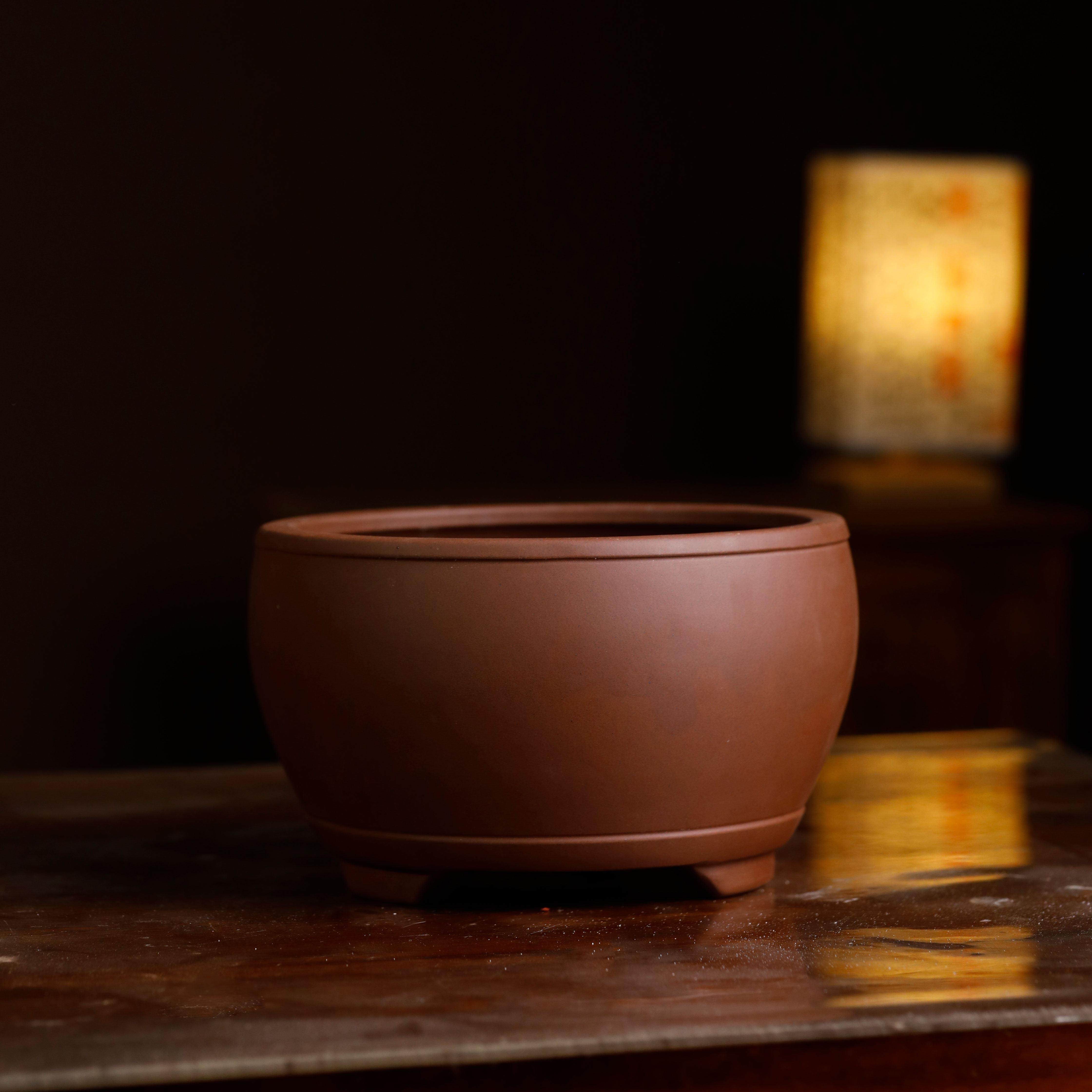 紫砂盆景花盆松柏老桩悬崖榕树专用盆栽绿植鼓型圆形素面简约陶瓷