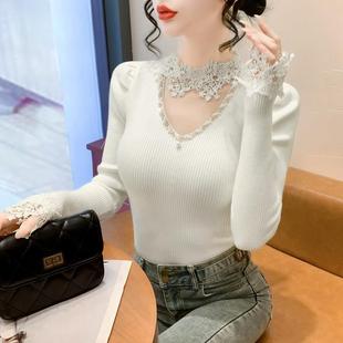 蕾丝拼接V领针织打底衫 内搭挂脖1219e 女秋冬洋气重工钉珠上衣长袖