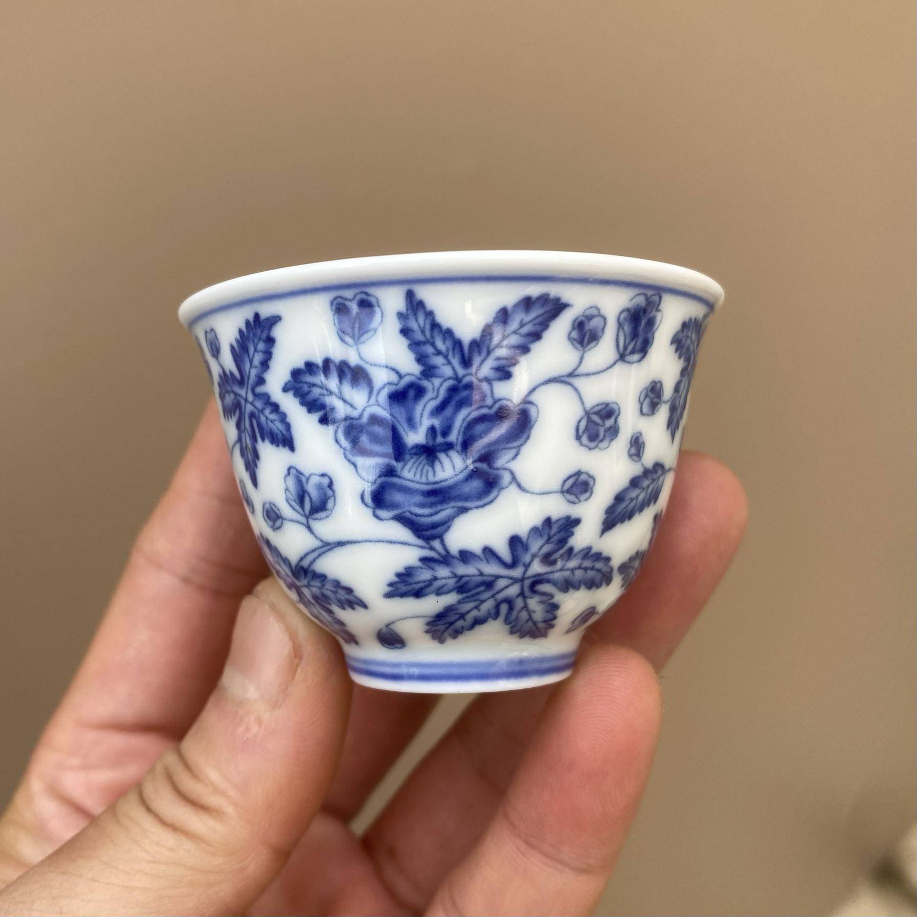 秋葵茶杯陶瓷茶碗小号品茗杯功夫茶具客杯单个青花瓷釉下彩景德镇
