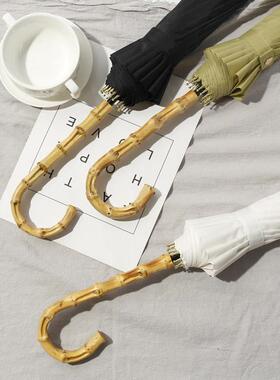 16骨抗风直杆雨伞女长柄真竹子节复古男森系简约自动纯黑白灰绿色