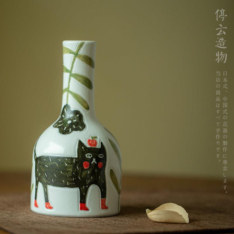 手绘陶瓷花瓶法式高级黑ins客厅插花摆件新房结婚装饰品礼物覆古