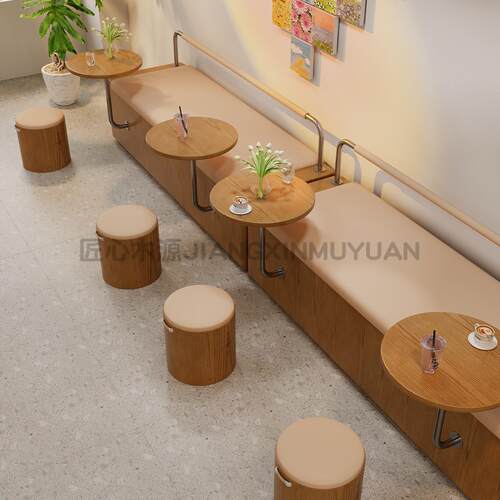 网红奶茶店桌椅组合甜品店长条卡座沙发凳靠墙咖啡厅卡座沙发