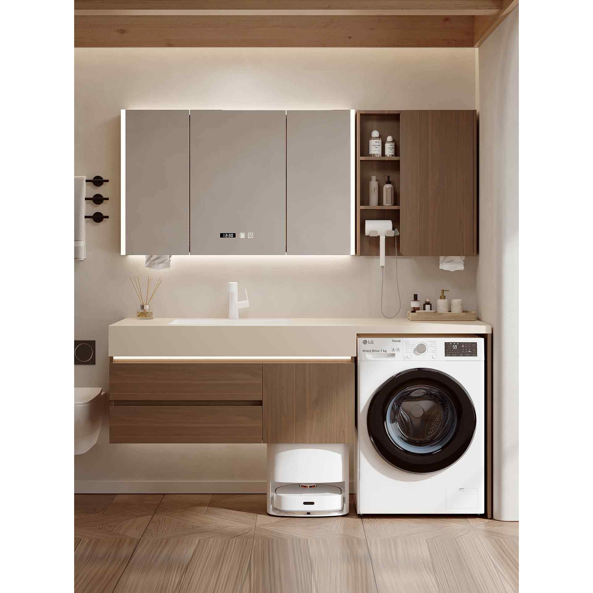 宏特维蜂窝铝胡桃木岩板陶瓷一体 盆 洗衣机 柜 洗手池面 盆 浴室 柜 组合洗漱台摆件饰品