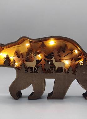北美森林动物家居装饰木质摆件工艺品创意狼图腾木制雕刻大象亲子