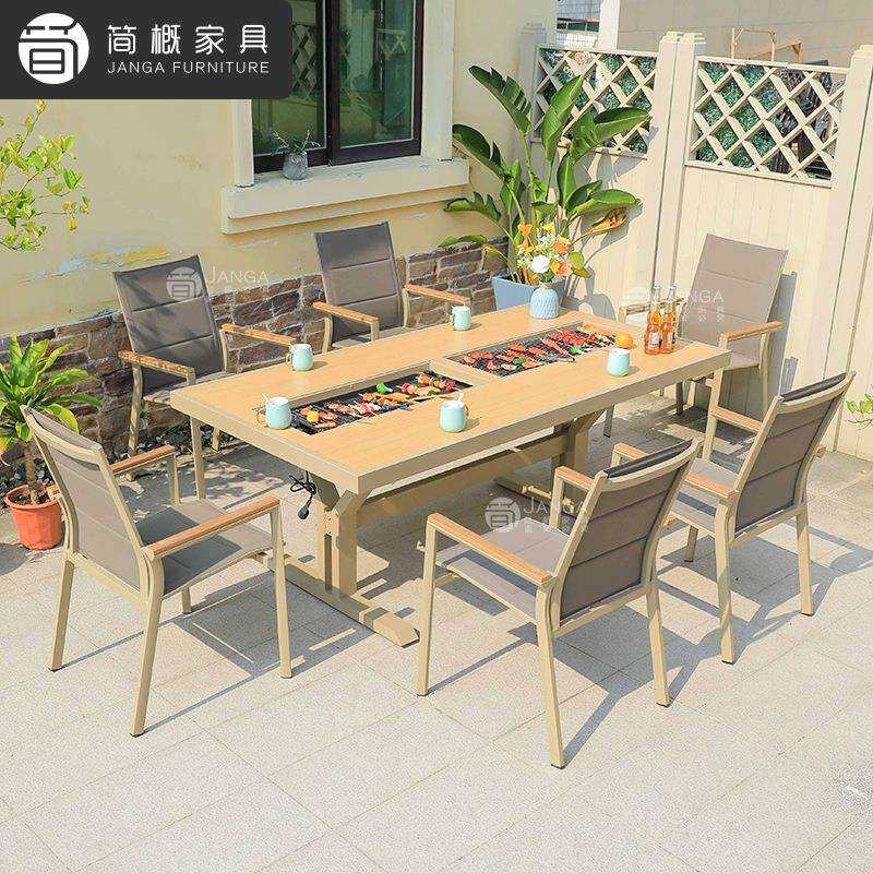 户外别墅庭院烧烤桌椅露天电烤炭烤桌家用双炉烤台休闲金属桌椅