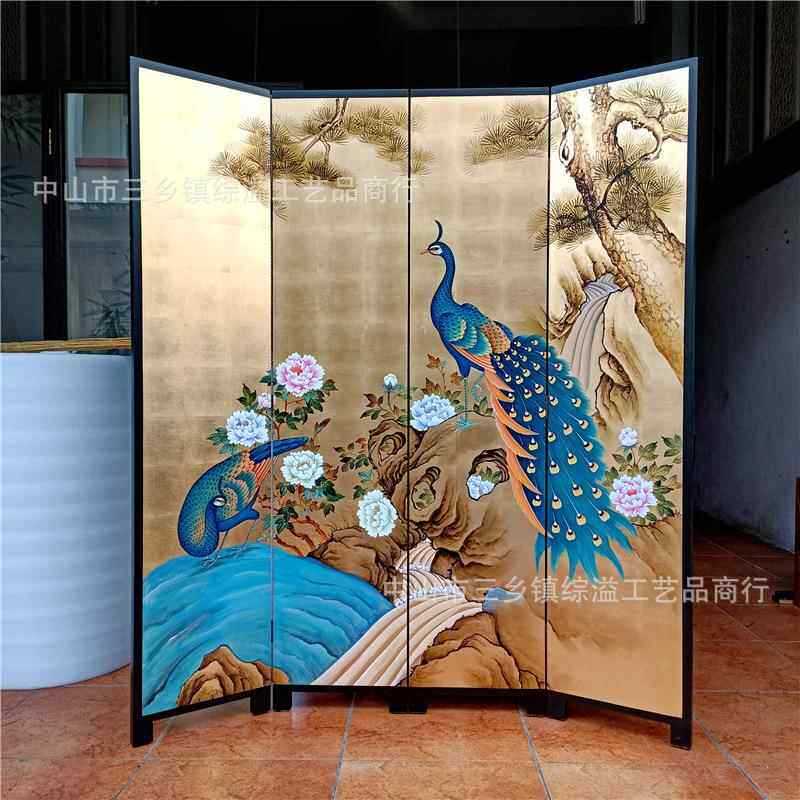 金箔屏风手绘锦上添花中式客厅办公室茶室背景隔断实木可移动折屏