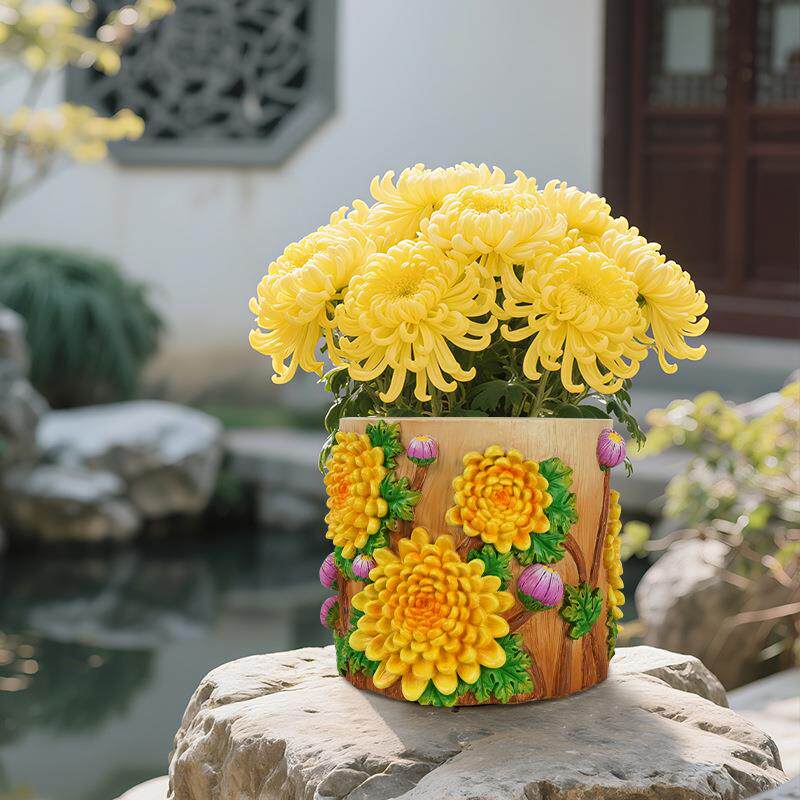 现货新中式树脂菊花浮雕花盆阳台客厅盆栽绿植花卉容器发财树盆景