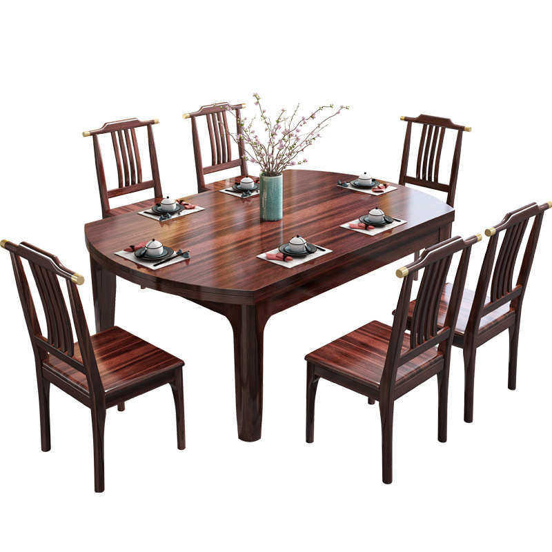 中式乌金木餐桌长方形可变圆桌家用伸缩折叠全实木圆形餐桌椅批发