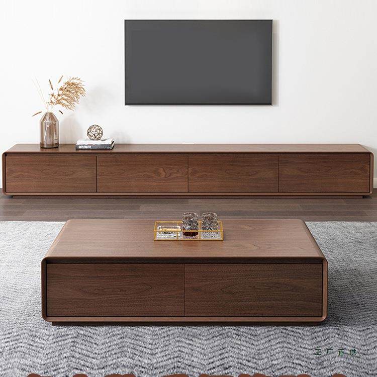 实木电视柜简约胡桃色客厅家用橡胶木茶几组合大小户型中古风地柜