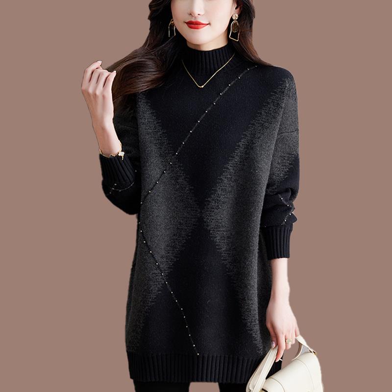 半高领毛衣女装中长款韩版宽松显瘦拼色针织衫洋气内搭羊毛打底衫