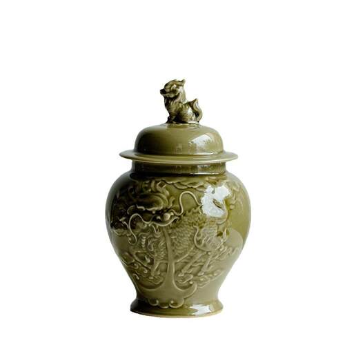 越窑青瓷茶叶罐密封罐家用陶瓷浮雕麒麟储物罐手工储物罐茶罐