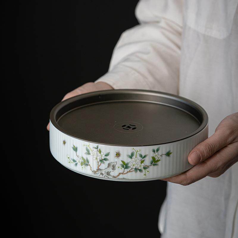 青祥 手绘壶承锡盖双层蓄水茶盘创意简约功夫茶具干泡盘礼品