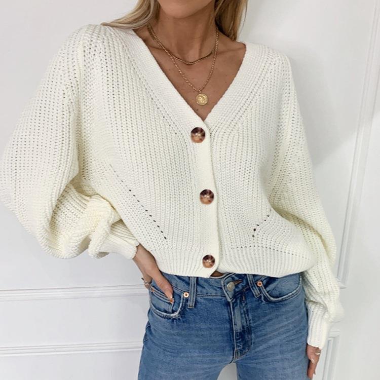 Sleeve Knitted V-Neck Cardigan Sweater Color Button Solid