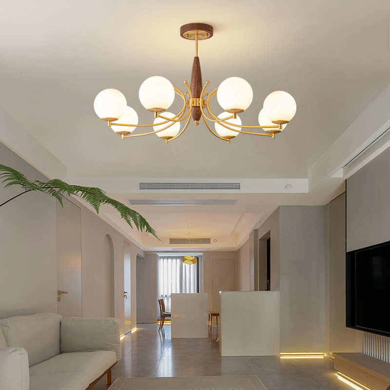 新中式吊灯客厅主灯大气中古简约现代轻奢全铜胡桃木卧室餐厅灯具