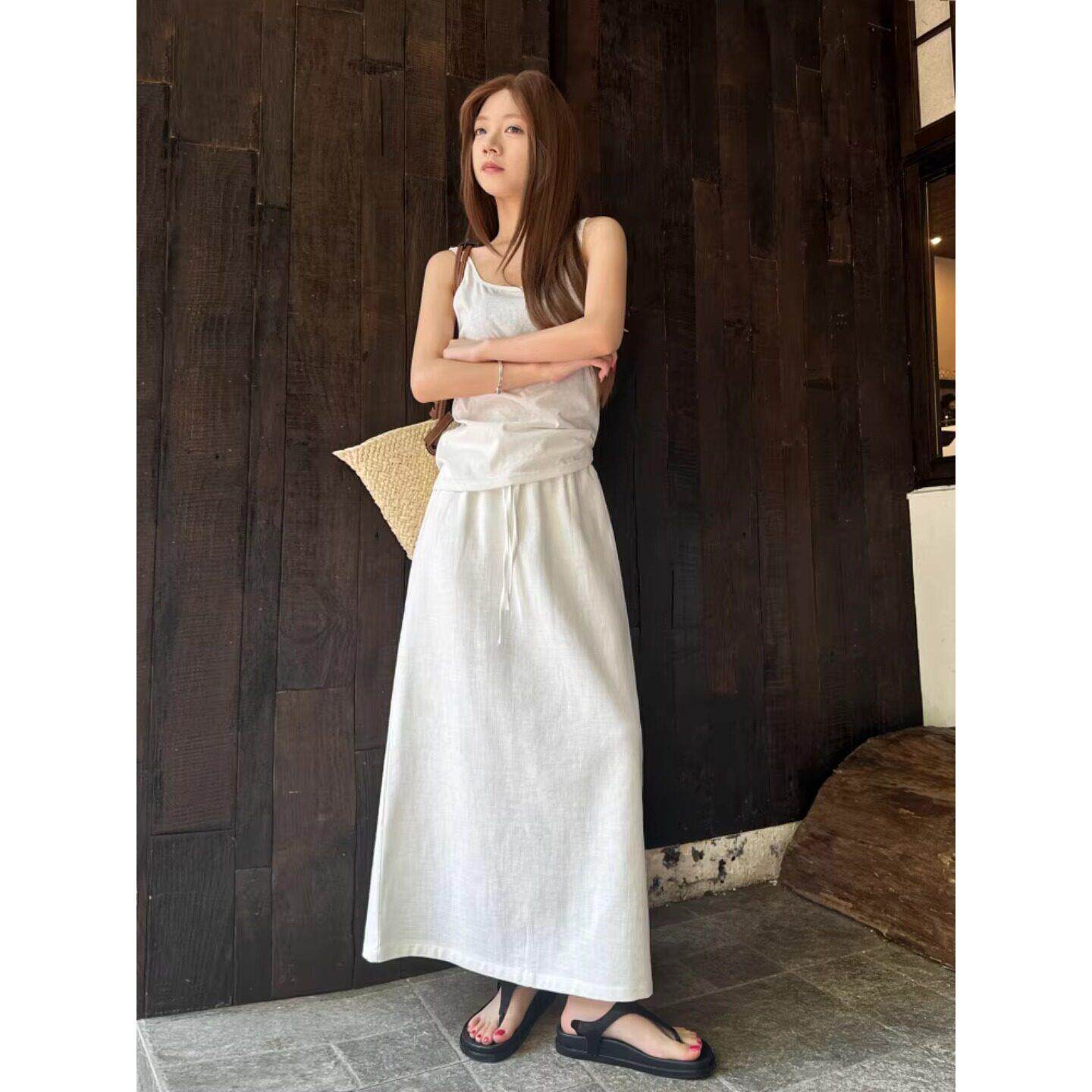 Canary Kiss白色亚麻半身裙女2026夏新款百搭高腰中长款开叉a字裙