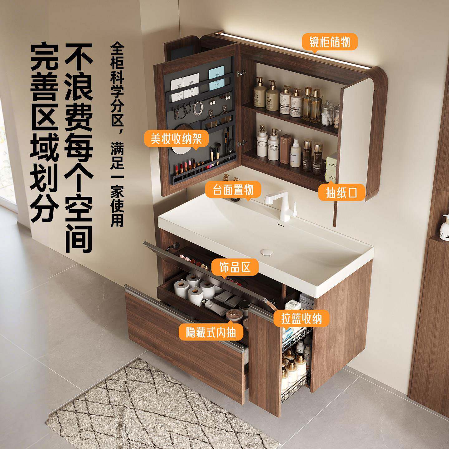 中古风胡桃木浴室柜组合化妆室鎏金石一体盆洗手洗漱台洗脸盆套装