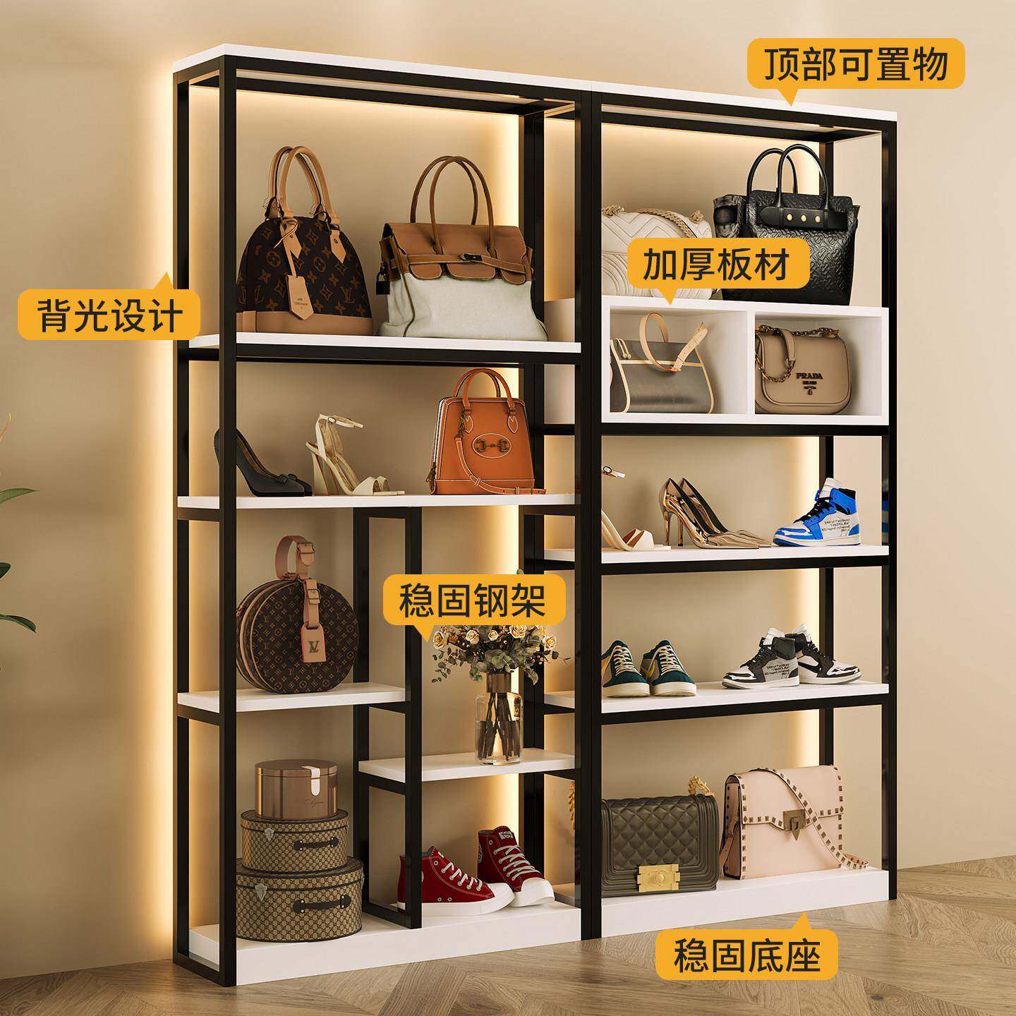 落地式鞋店鞋货架多层展示架服装店置物架带灯商品商场陈列架包架