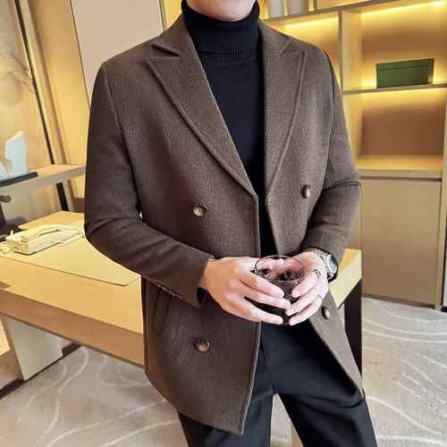 含双排扣西装领毛呢大衣男短款秋冬季夹棉厚款高级感风衣外1218e