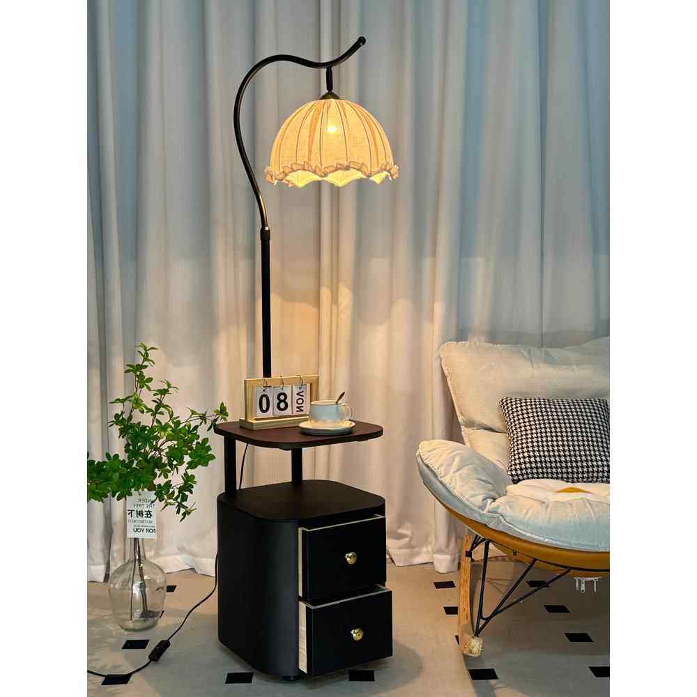 法式床头柜落地灯实木置物架一体立式台灯中古风卧室氛围茶几灯具