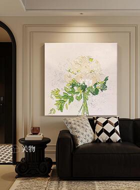 奶油风白色花卉手绘油画餐厅客厅挂画肌理北欧入户玄关方形装饰画