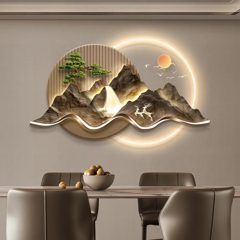 新中式茶室客厅装饰画办公室书房灯画大气山水高档迎客松壁画挂件