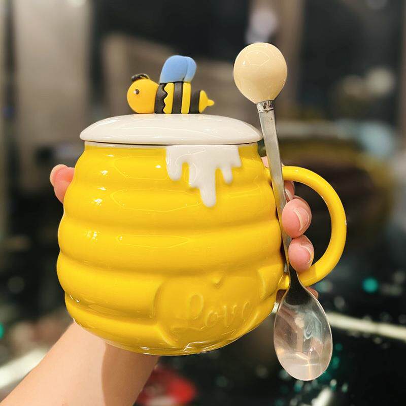 可爱生日礼物马克杯带盖勺女生喝水水杯情侣家用泡蜂蜜罐陶瓷杯子