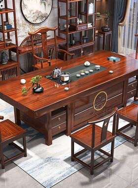 大板茶桌椅组合一桌五椅办公室实木茶几储物客厅家用新中式泡茶台