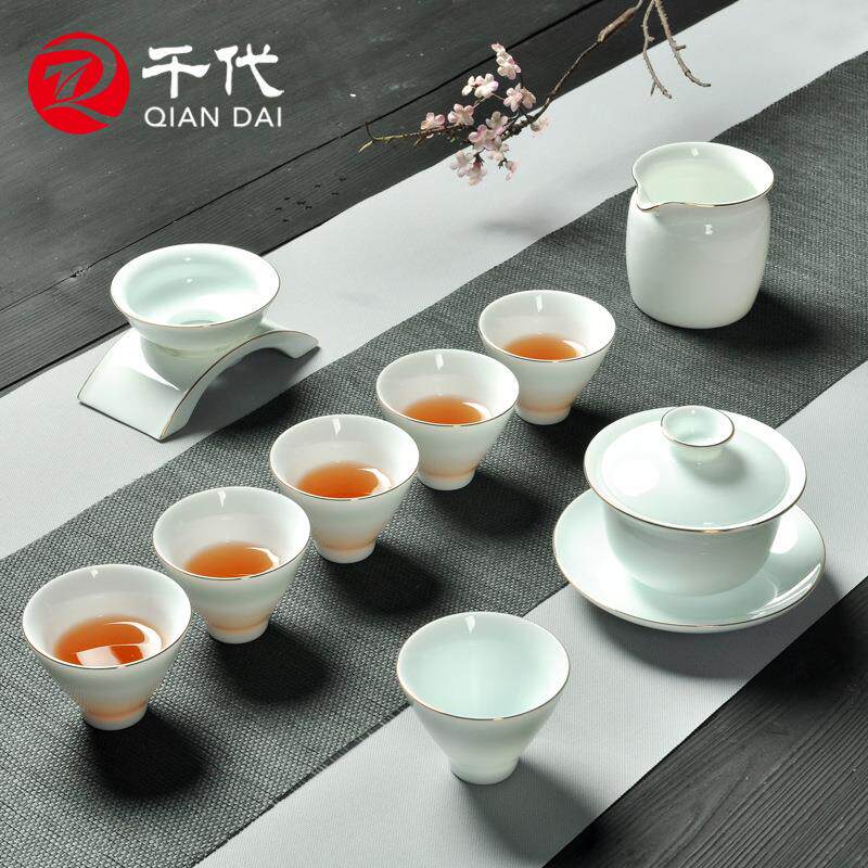 千代 功夫茶具套装家用客厅中式泡茶办公室会客德化白瓷盖碗茶杯