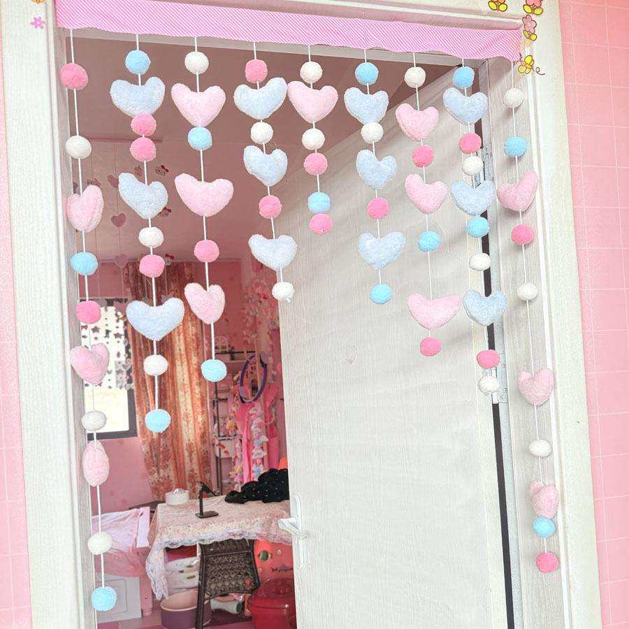 少女心韩式可爱粉色桃爱心免打孔挂件房门挂饰小门帘隔断吊帘线帘