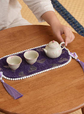 植绒提花紫色蝴蝶茶席家用高颜值女士一人用干泡席桌布隔热茶垫子