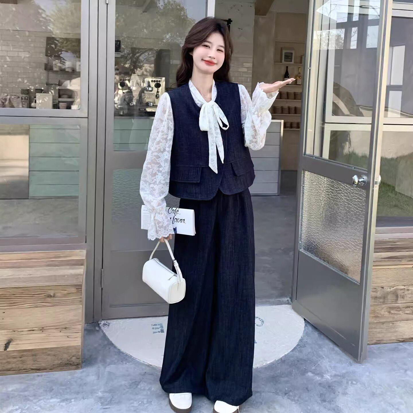 法国Rouje Moaks蕾丝蝴蝶结衬衫牛仔马甲显瘦阔腿裤气质三件套女