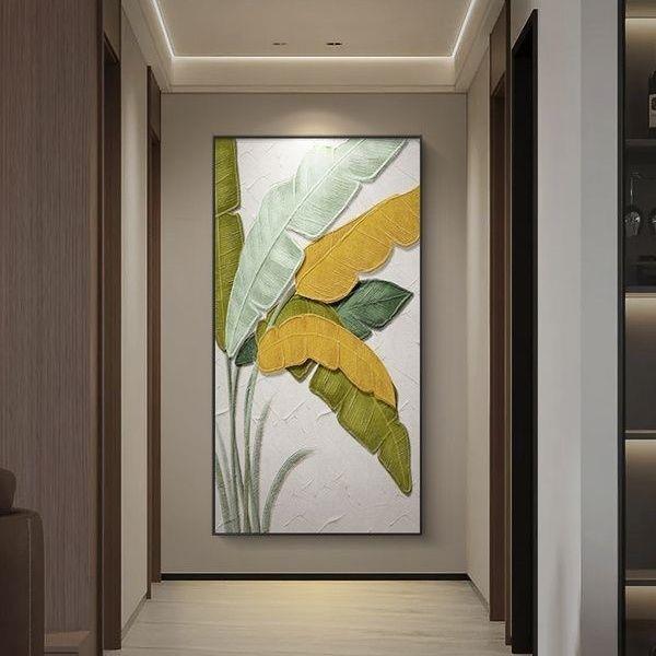 雪川手绘油画大叶有成走廊过道挂画简约壁画立体肌理感玄关装饰画